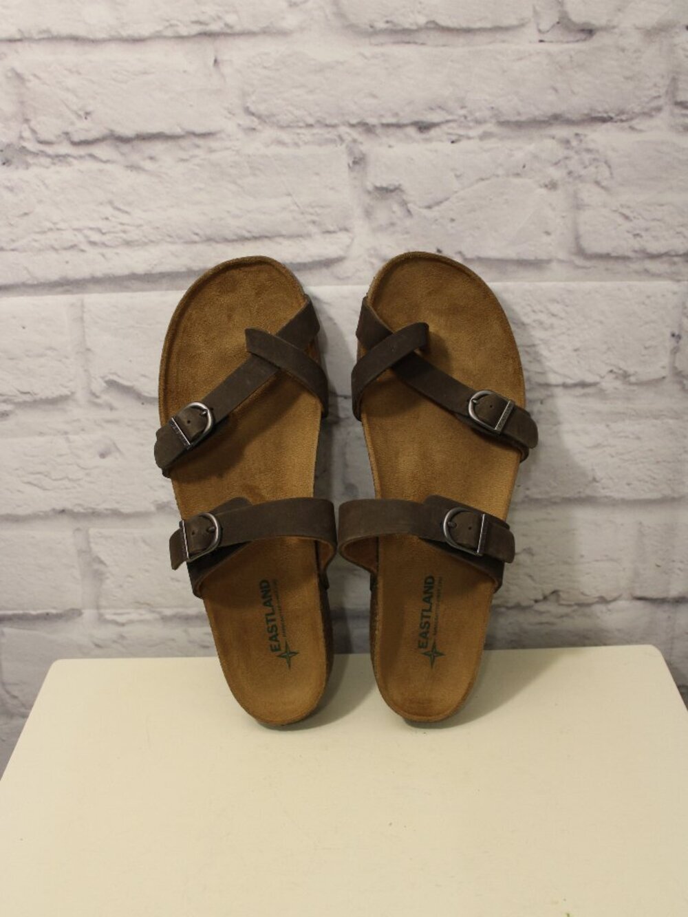 Eastland Tiogo Size 10 M Brown Leather Cork Adjustable Slip On Summer Sandals